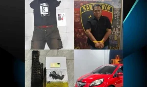 Tersangka pembunuhan berinisial M.A.P. (33) beserta barang bukti saat diamankan Satreskrim Polres Muara Enim