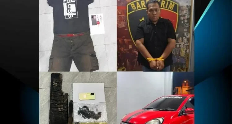 Tersangka pembunuhan berinisial M.A.P. (33) beserta barang bukti saat diamankan Satreskrim Polres Muara Enim
