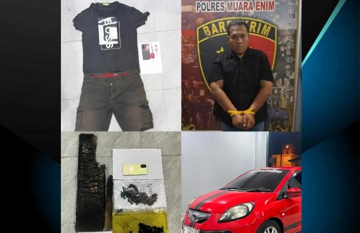 Tersangka pembunuhan berinisial M.A.P. (33) beserta barang bukti saat diamankan Satreskrim Polres Muara Enim