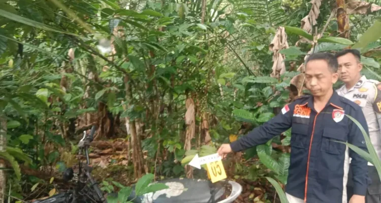 Personil kepolisian Polres OKU Selatan saat proses penyidikan kematian seorang pria di kawasan perkebunan kopi Desa Kota Aman, Kecamatan Buay Runjung, Kabupaten OKU Selatan