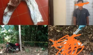 Pelaku berinisial E (24) beserta korban pembunuhan berinisial S (41) dan sejumlah barang bukti