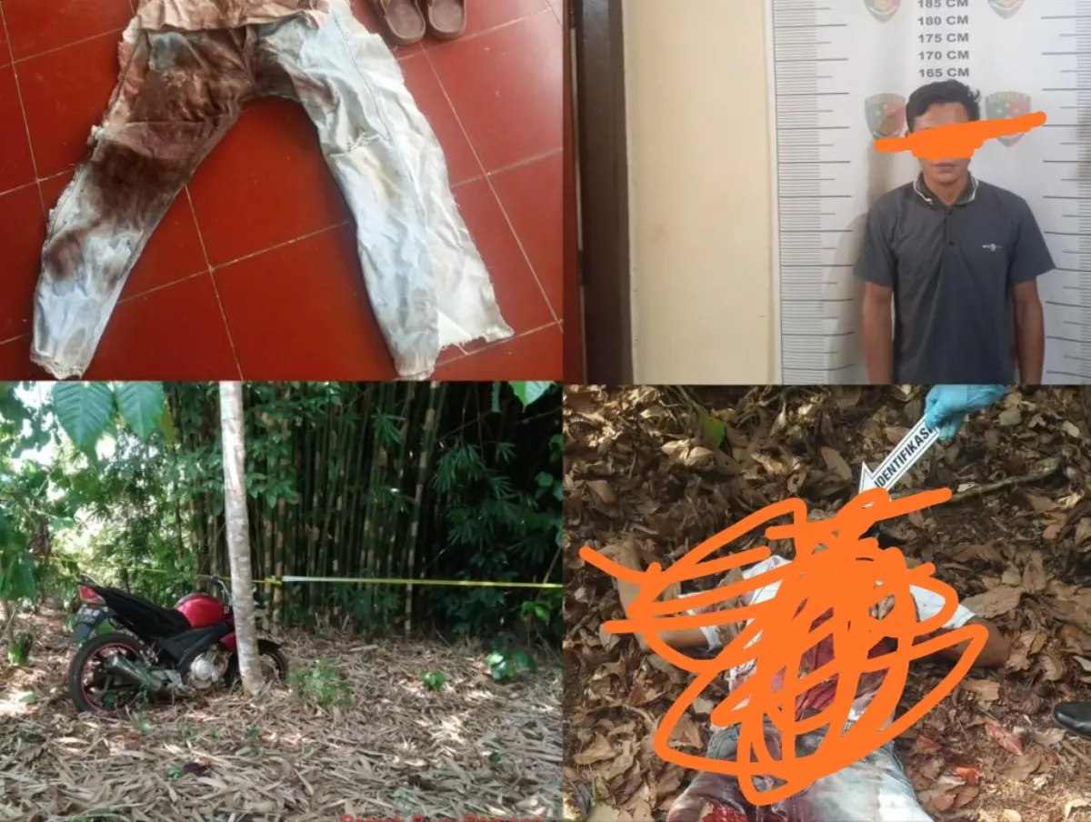 Pelaku berinisial E (24) beserta korban pembunuhan berinisial S (41) dan sejumlah barang bukti