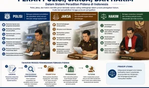 Ilustrasi peran polisi, jaksa, dan hakim Ilustrasi peran polisi, jaksa, dan hakim