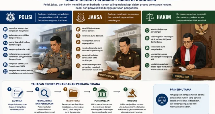 Ilustrasi peran polisi, jaksa, dan hakim